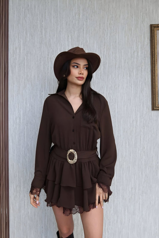 Mini Shirt Collar Lace Detail Dress - Brown