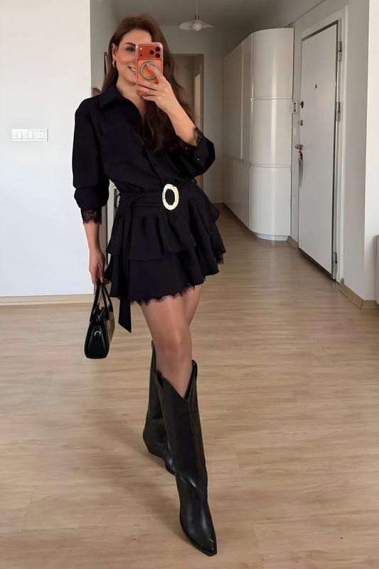 Mini Shirt-Style Lace Chiffon Gold Belted Dress - Black