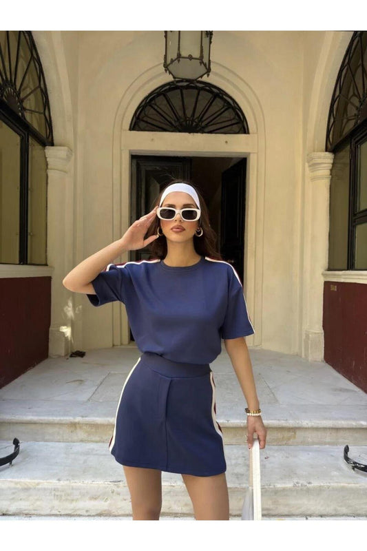 Mini Skirted Shorts Crew Neck T-shirt Two-Piece Set - Navy Blue