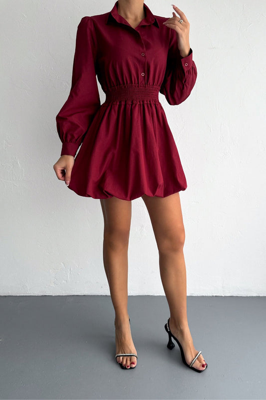 Mini Smocked-Waist Balloon-Skirt Shirt Dress - Burgundy