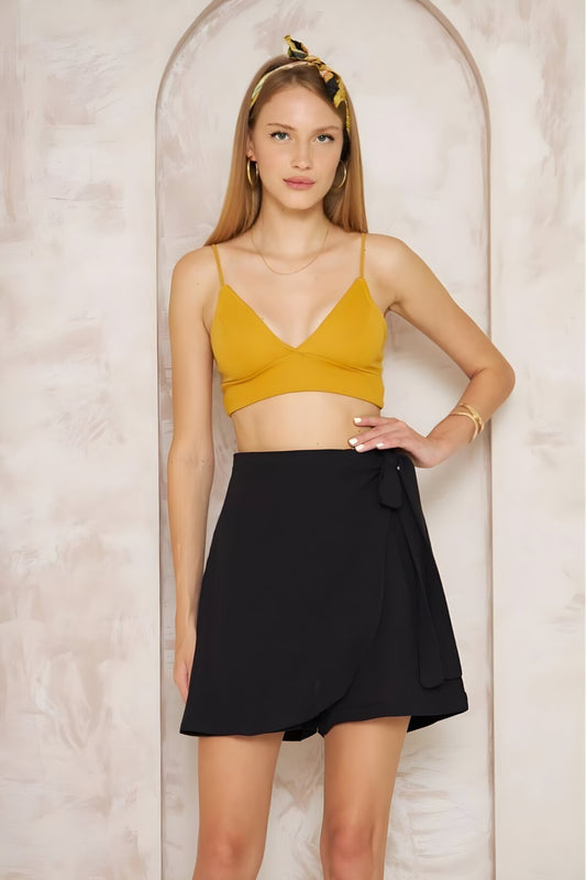 Mini Soft Textured Muslin Cotton Side Tie Skort - Black