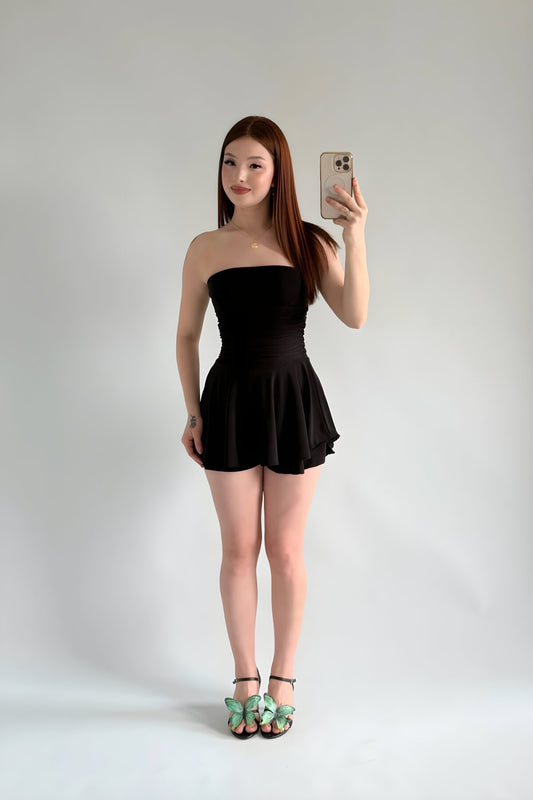 Mini Strapless Ruched Skort Dress - Black