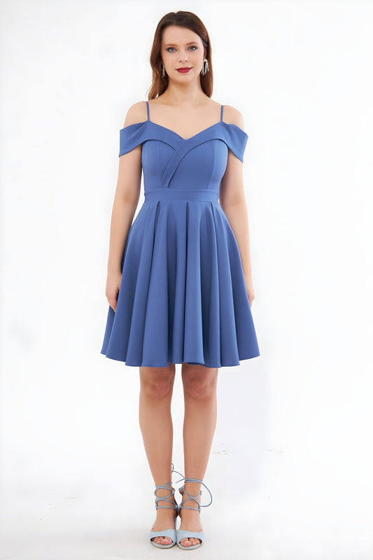 Mini Strappy Pleated Flared Boat Neck Evening Dress - Blue