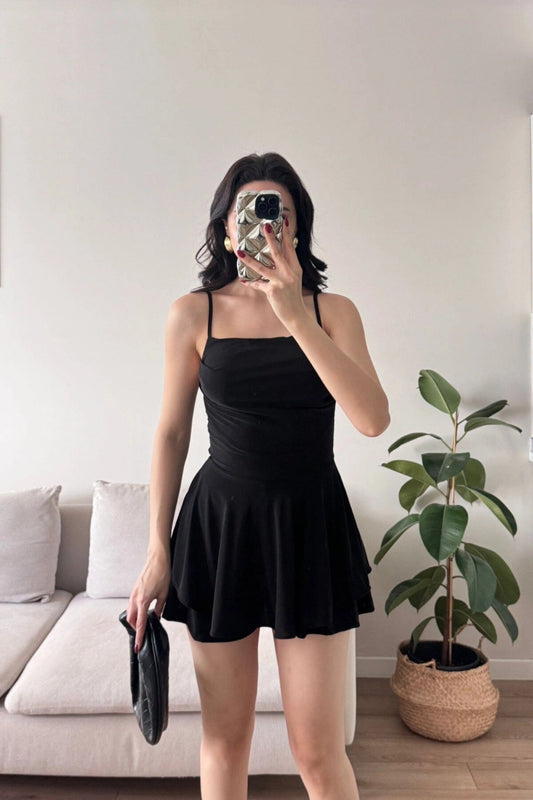 Mini Strappy Skirt-Short Dress - Black