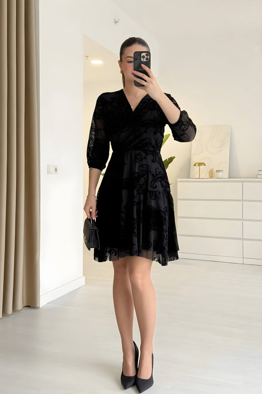 Mini Wrap Flock Printed Ruffled Hem Dress - Black