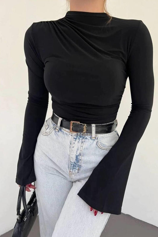 Minimalist Balloon Sleeve High Neck Blouse - Black