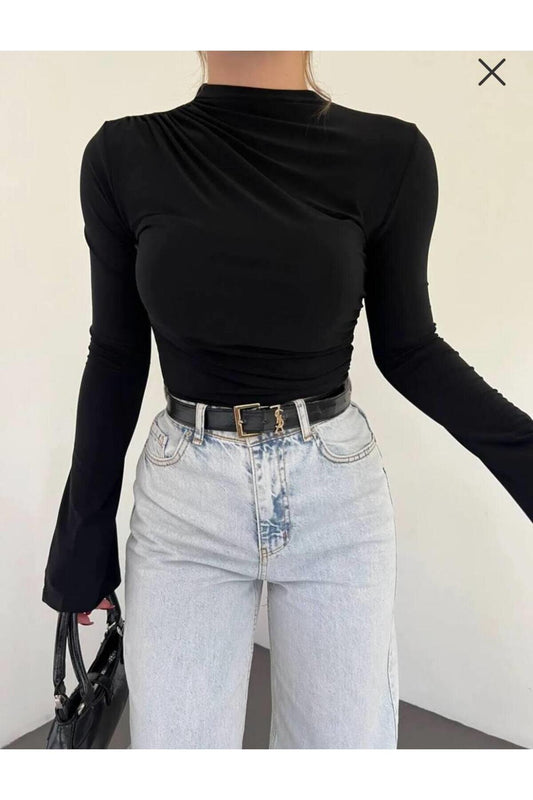 Minimalist Balloon Sleeve High Neck Blouse - Black