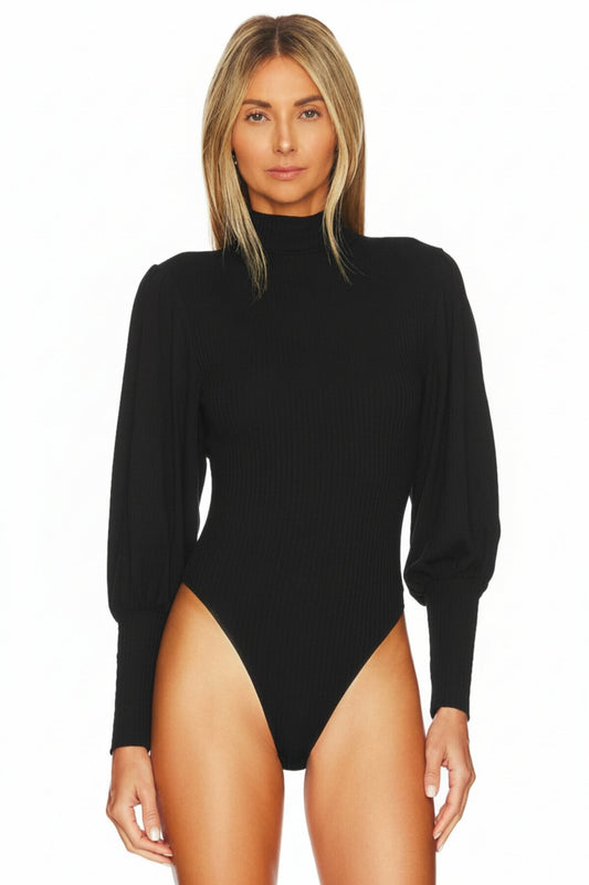 Mock Neck Ruched Cuffed Sleeve Bodysuit - Black
