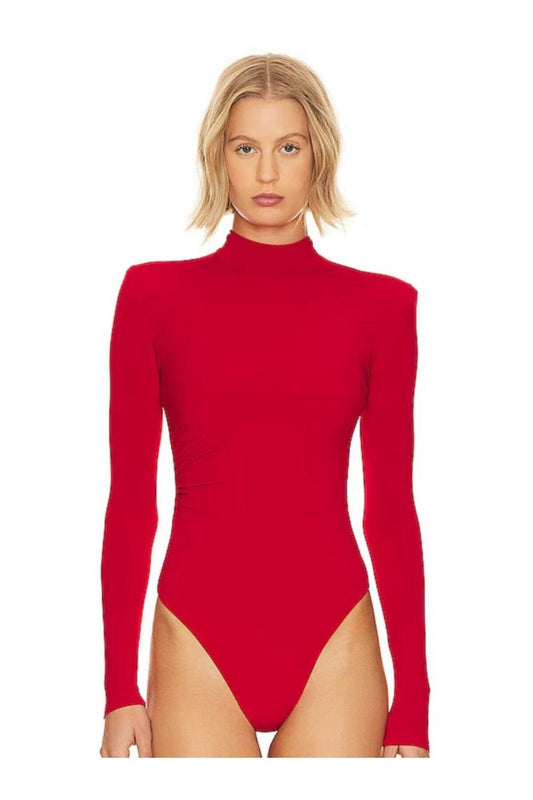 Mock Neck Side Ruched Bodysuit - Red