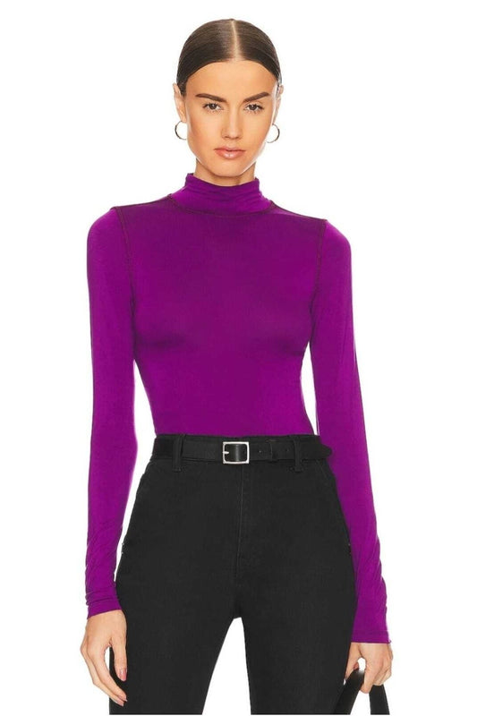 Mock Neck Silk Jersey Bodysuit - Purple