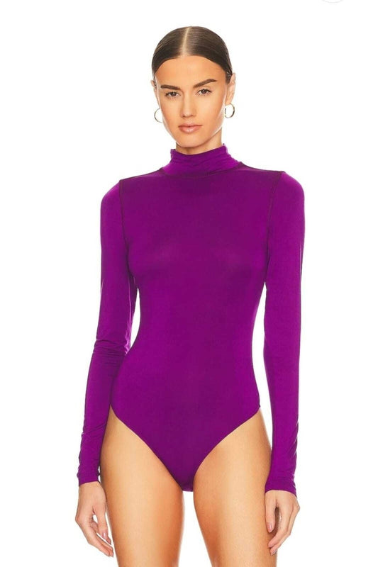 Mock Neck Silk Jersey Bodysuit - Purple