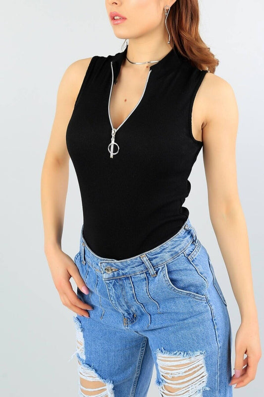 Mock Neck Stretchy Zipped Blouse - Black