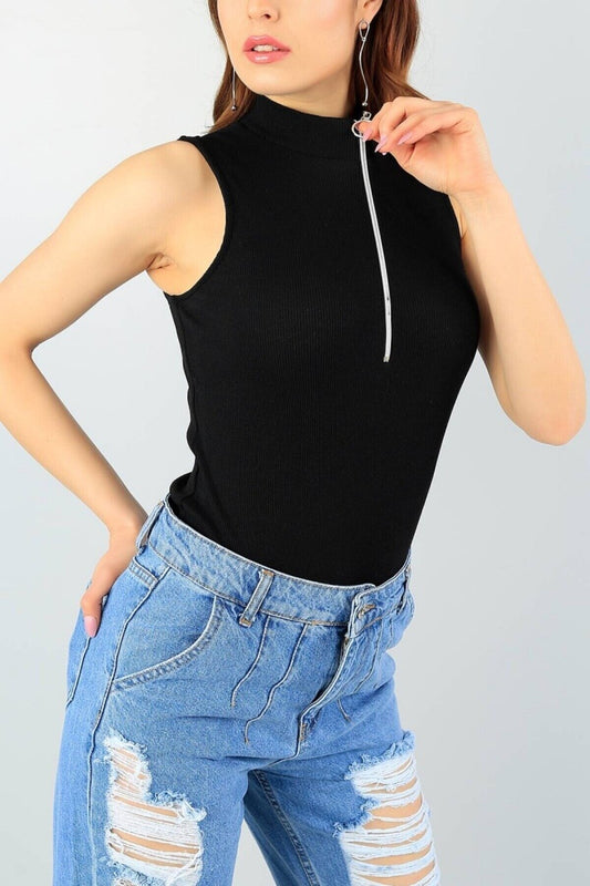 Mock Neck Stretchy Zipped Blouse - Black