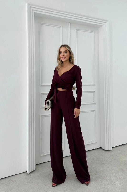 Modal Wrap-Neck Tie-Detail Set - Burgundy