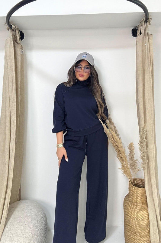 Modal Zippered Collar Tracksuit Set - Navy Blue