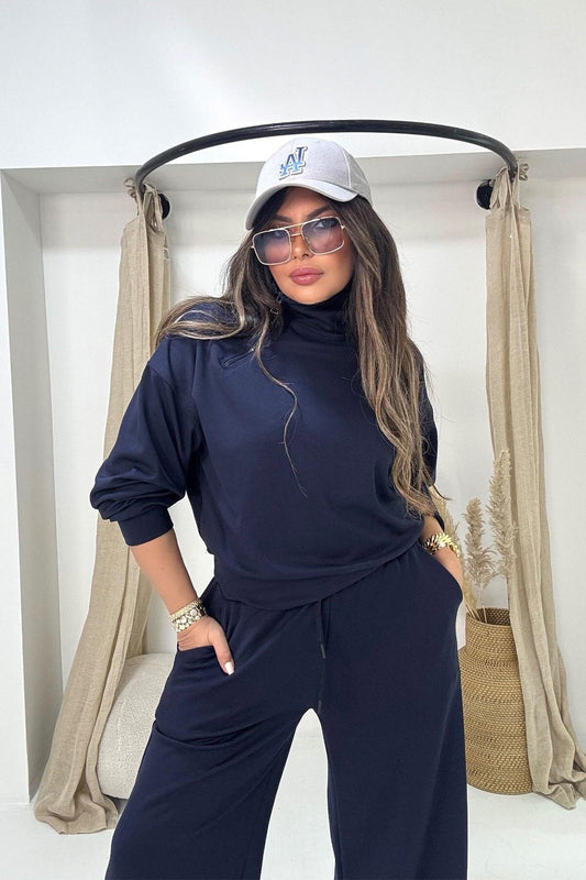 Modal Zippered Collar Tracksuit Set - Navy Blue