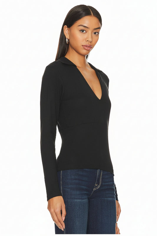 Not See-Through Polo Collar V-Neck Blouse - Black