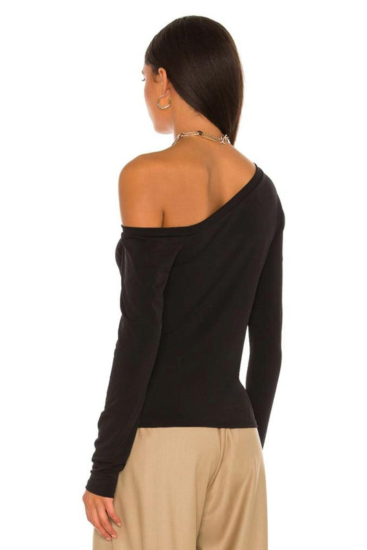One-Shoulder Drop-Sleeve Jersey Blouse - Black