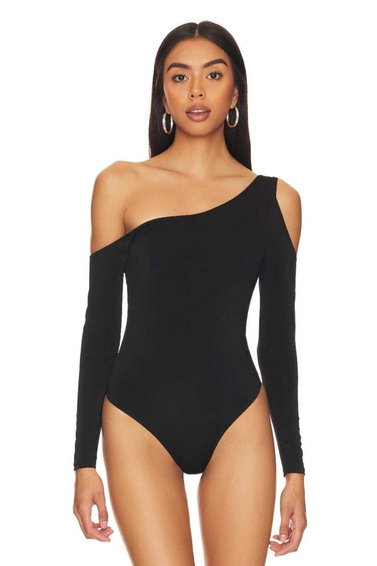 One-Shoulder Dropped-Sleeve Bodysuit - Black