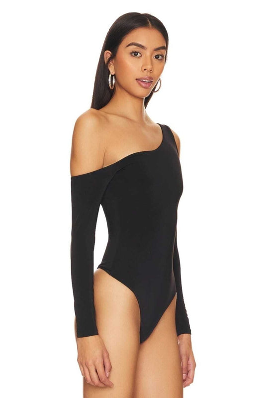 One-Shoulder Dropped-Sleeve Bodysuit - Black