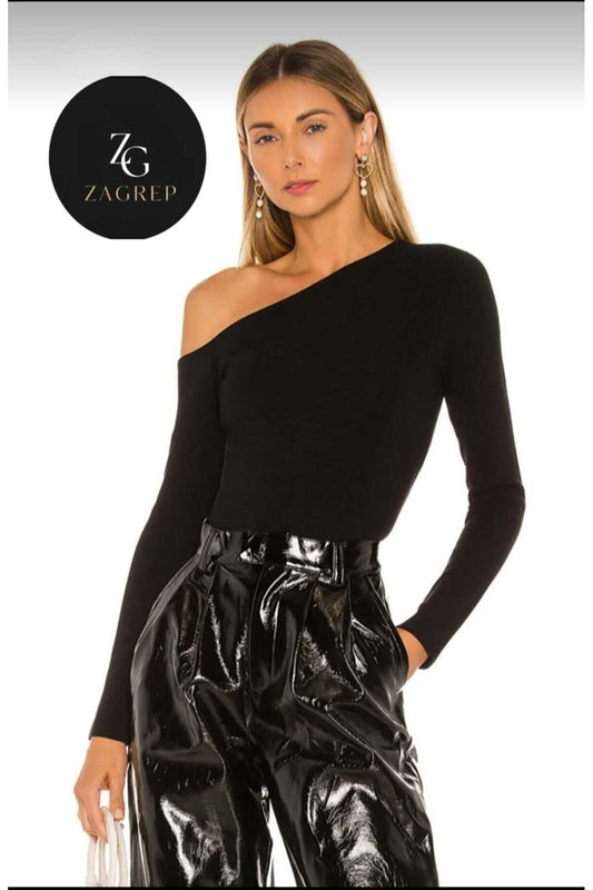 One-Shoulder Opaque Blouse - Black