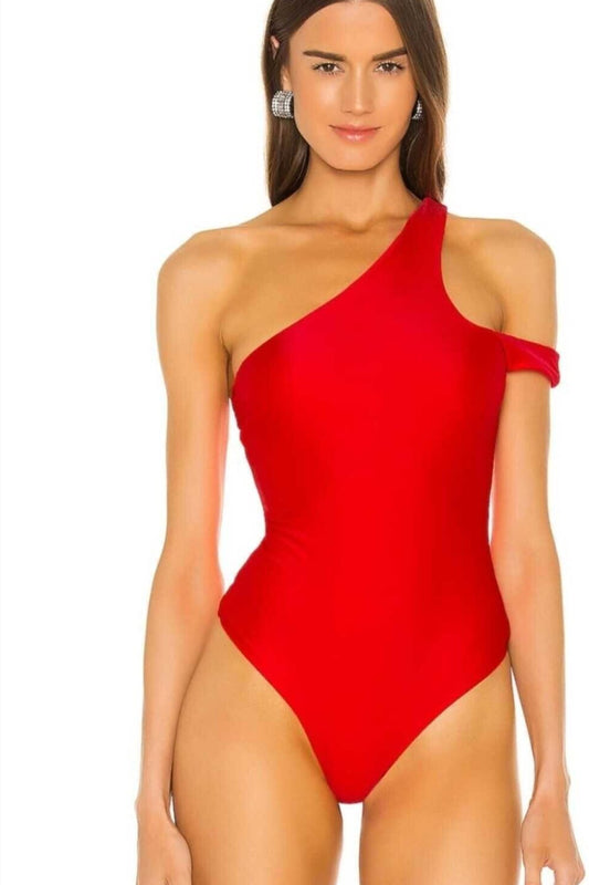 One Shoulder Silk Jersey Collar Detail Bodysuit - Red