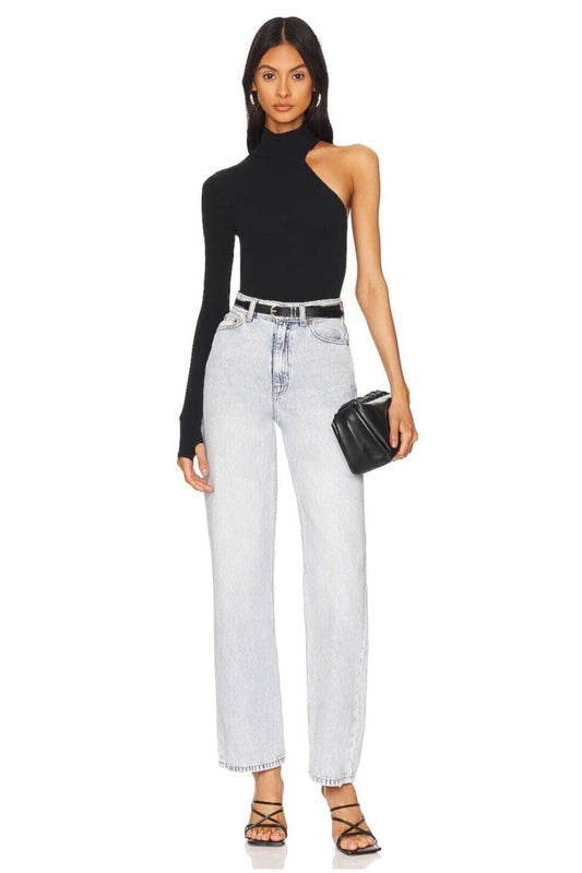 One-Sleeve Jersey Thumbhole Shoulder-Detail Bodysuit - Black