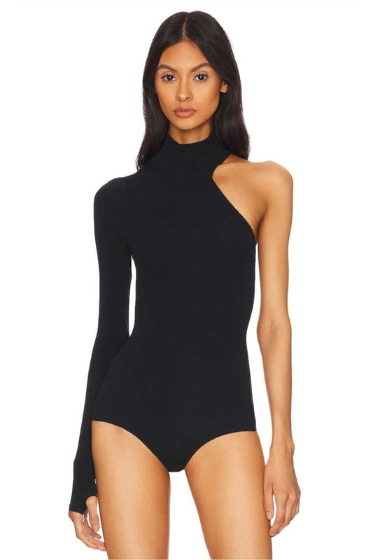 One-Sleeve Jersey Thumbhole Shoulder-Detail Bodysuit - Black