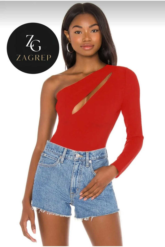 One-Sleeve Silk Jersey Front-Slit Bodysuit - Red