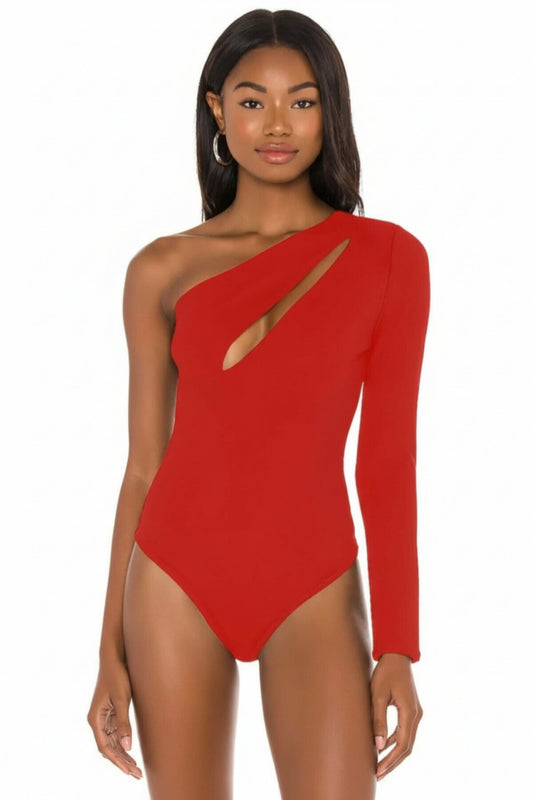 One-Sleeve Silk Jersey Front-Slit Bodysuit - Red