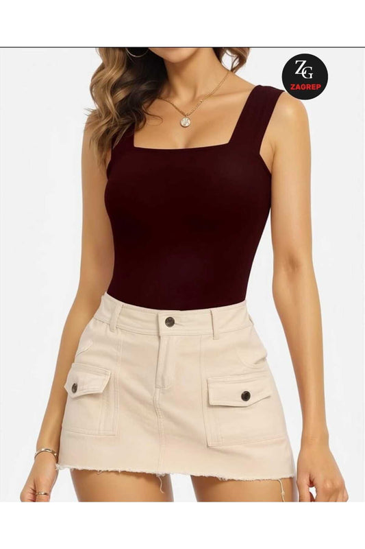 Opaque Silk Jersey Square Neck Bodysuit - Bordeaux
