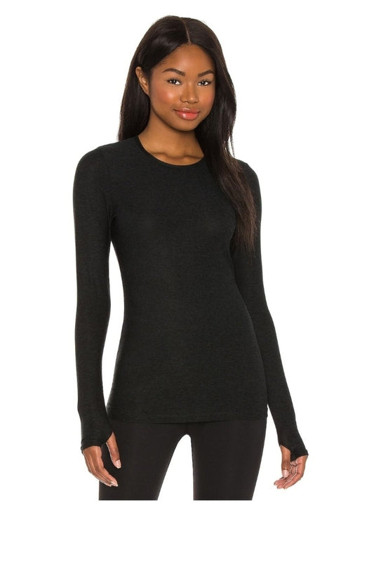 Opaque Silk Jersey Thumb-Hole Blouse - Black