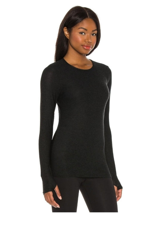 Opaque Silk Jersey Thumb-Hole Blouse - Black