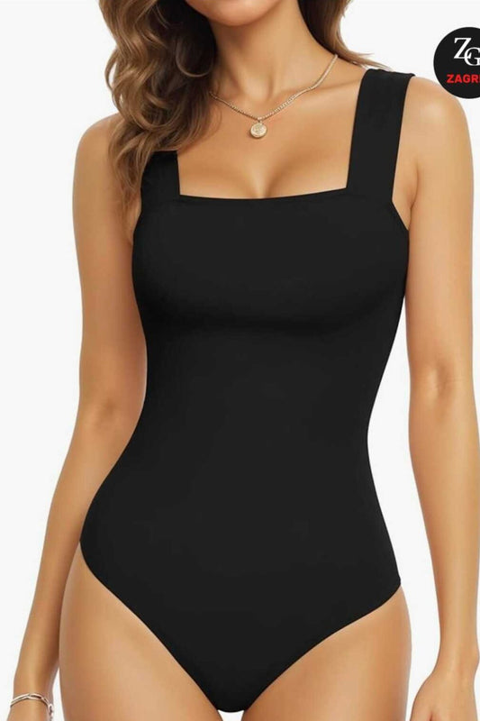 Opaque Silk Jersey Wide-Strapped Square Neck Bodysuit - Black