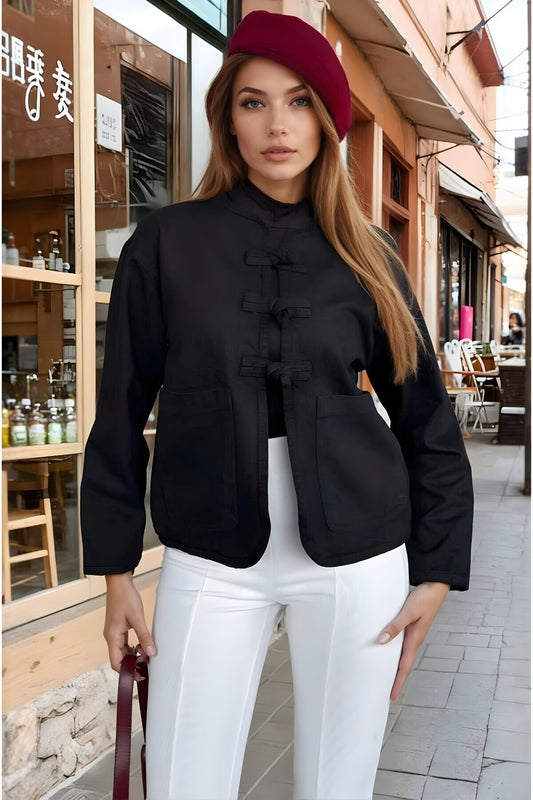 Oversize Denim Oval-Cut Tie-Detail Jacket - Black