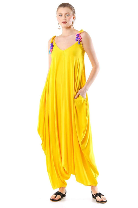 Oversize Eyes Adjustable Shoulder Straps Jumpsuit - Yellow