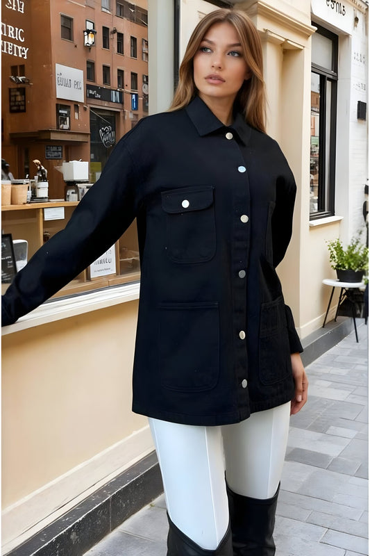 Oversize Gabardine Denim Large-Pocket Button-Detail Jacket - Black