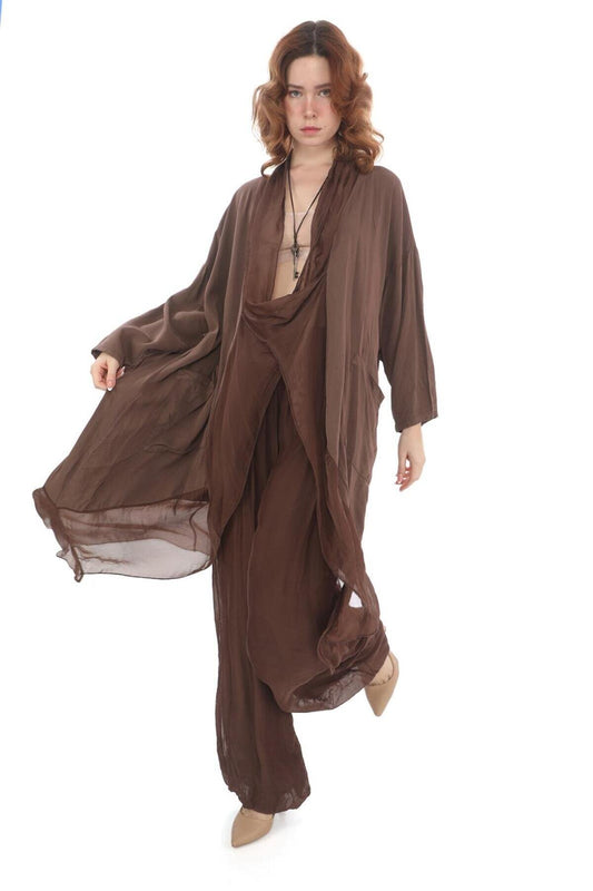 Oversize Italian Silk Detail Blouse - Brown