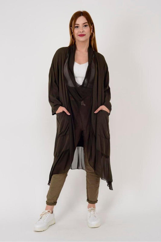 Oversize Kaftan Italian Silk Detail Blouse - Dark Brown