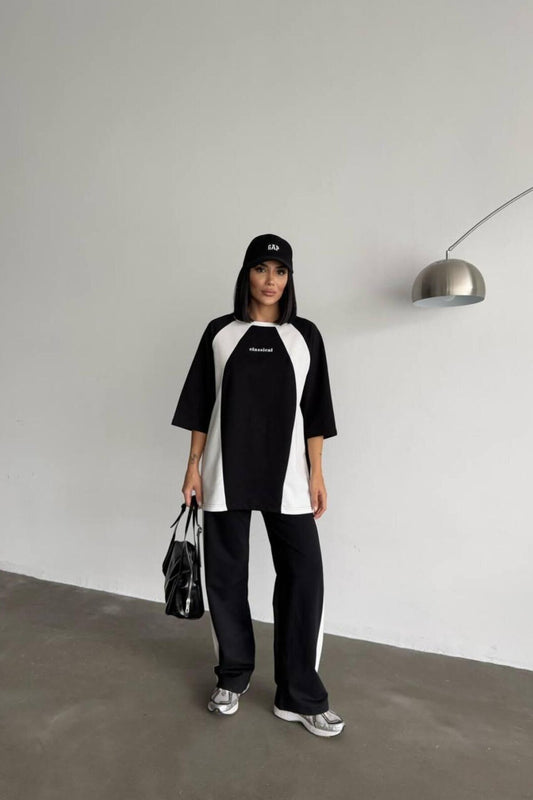 Oversize Lettering Detail Tracksuit Set - Black