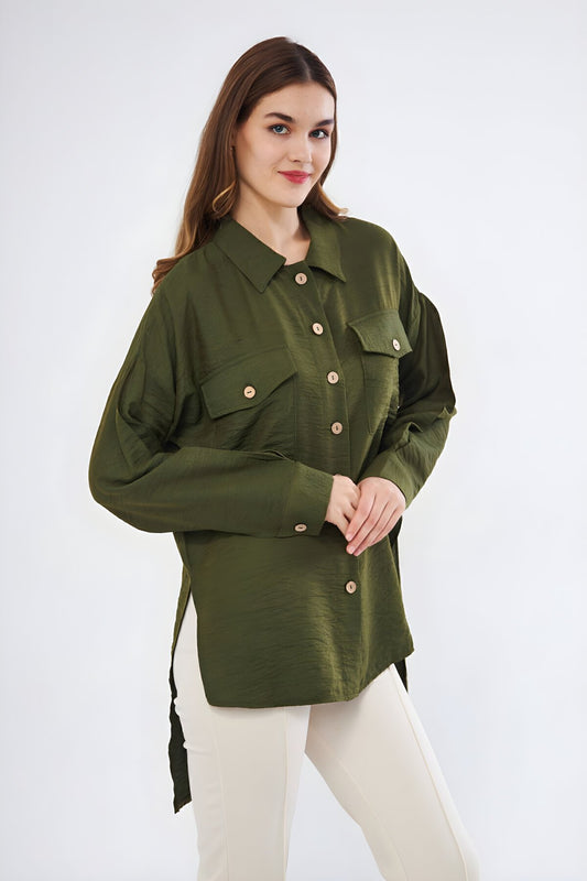 Oversize Linen Long Back Tunic Shirt - Khaki