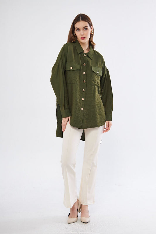 Oversize Linen Long Back Tunic Shirt - Khaki