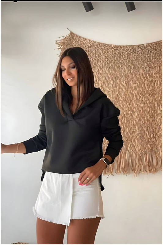 Oversize Long Back Hooded Sweatshirt - Black