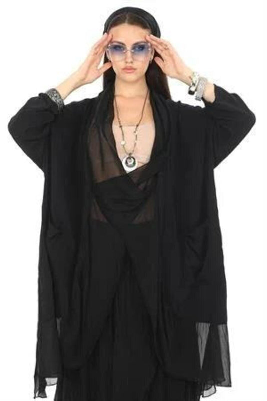 Oversize Plus Size Italian Silk Detail Blouse - Black
