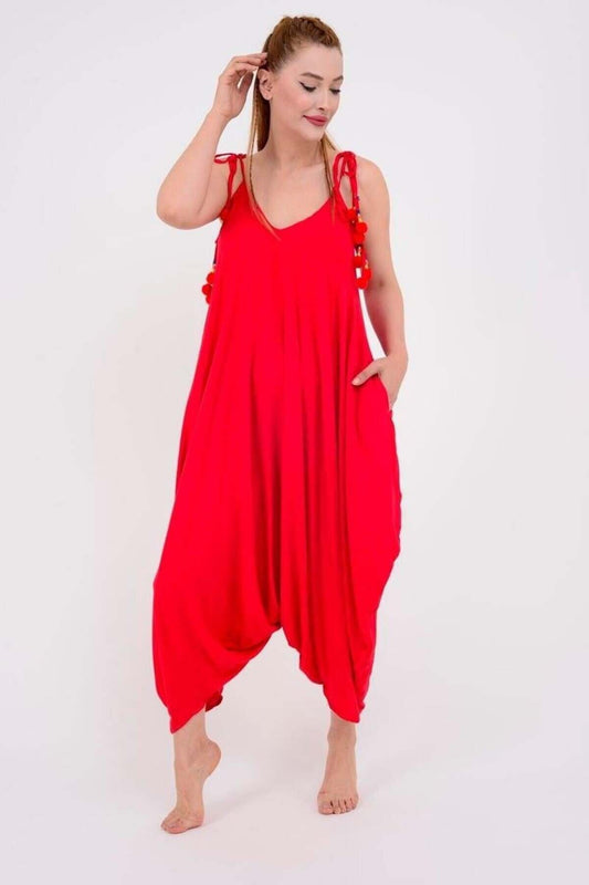 Oversize Pom-Pom Adjustable Strap Jumpsuit - Red