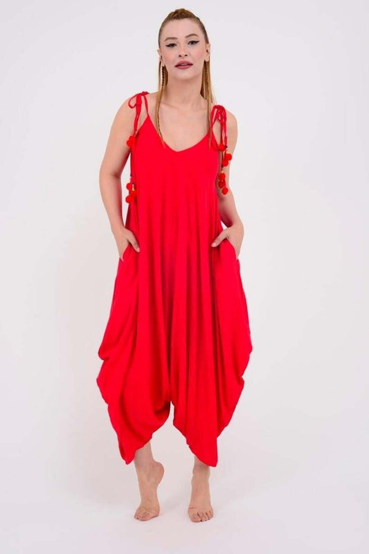 Oversize Pom-Pom Adjustable Strap Jumpsuit - Red