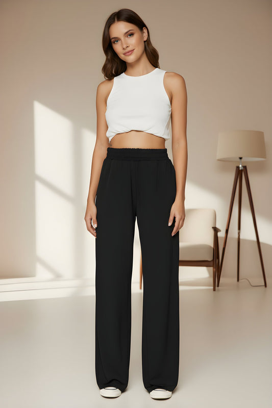 Oversize Relaxed Fit High-Waist Wide Leg Stretchy Knitted Sandy Pants - Black