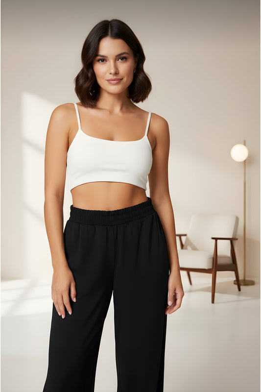 Oversize Relaxed Fit High-Waist Wide Leg Stretchy Knitted Sandy Pants - Black