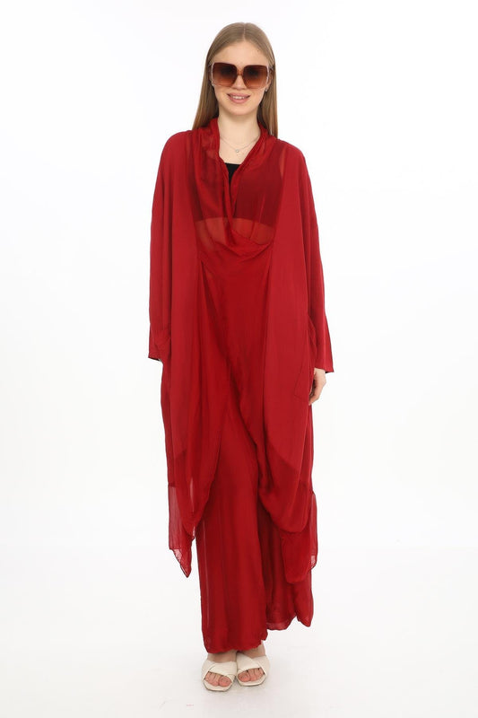 Oversize Silk Detailed Blouse Wes Pants Two-Piece Set - Burgundy