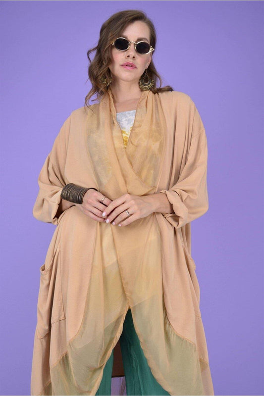 Oversize Silk Italian Detail Blouse - Light Camel
